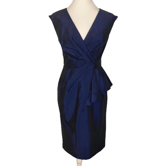 EVAN PICONE | Shiny Blue Violet Cap Sleeve Ruffle Evening Cocktail Sheath Dress - Picture 3 of 10